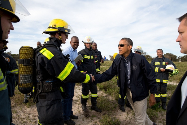 President Obama Shakes Hands with Fire Fighters on Robben Island 
