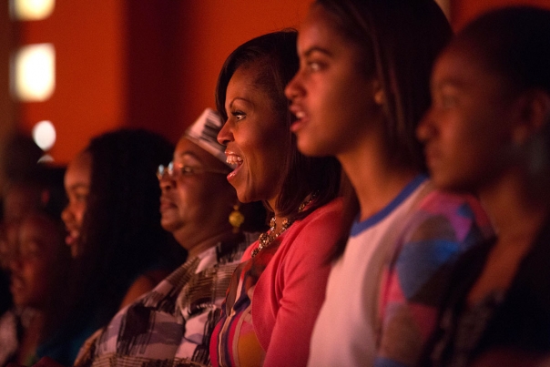 First Lady Michelle Obama and Daughters Watch a Baba Watoto Performance 