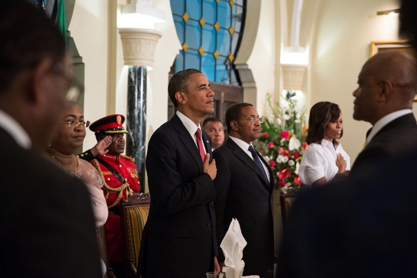 President Obama Pauses for the American National Anthem 