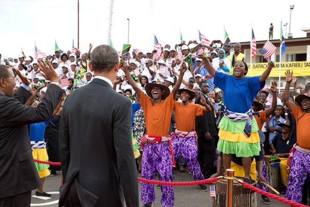 President Obama Watches Performers on the Tarmac before departing Dar es Salaam, Tanzania