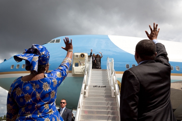 President Obama and First Lady Michelle Obama Wave to President Jakaya Kikwete of Tanzania and First Lady Salma Kikwete 