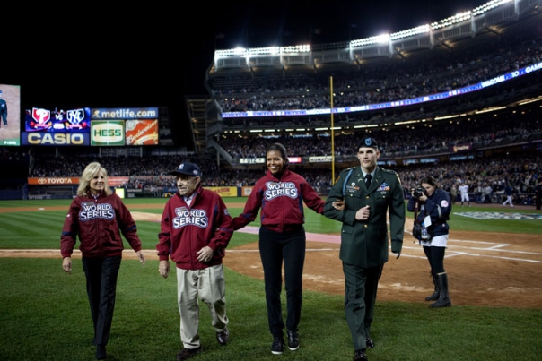 First Lady Michelle Obama, Dr. Jill Biden, Yogi Berra and Retired Army Capt. Tony Odierno Take to the Field at Yankee Stadium 