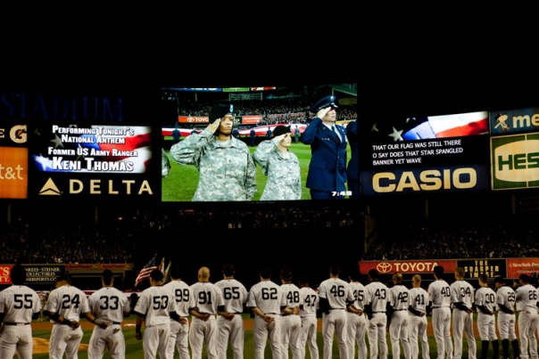 Members of the Yankees Stand on the Field During the National Anthem 