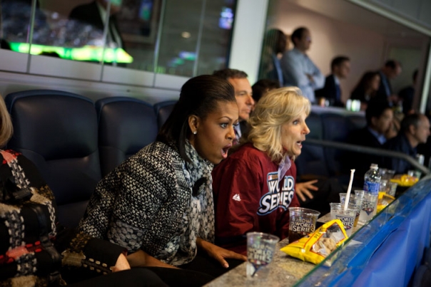 First Lady Michelle Obama and Dr. Jill Biden React To a Play 