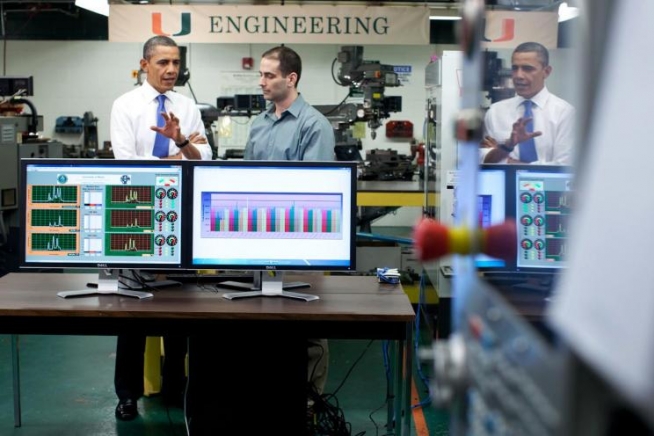 President Barack Obama Tours The University Of Miami Industrial