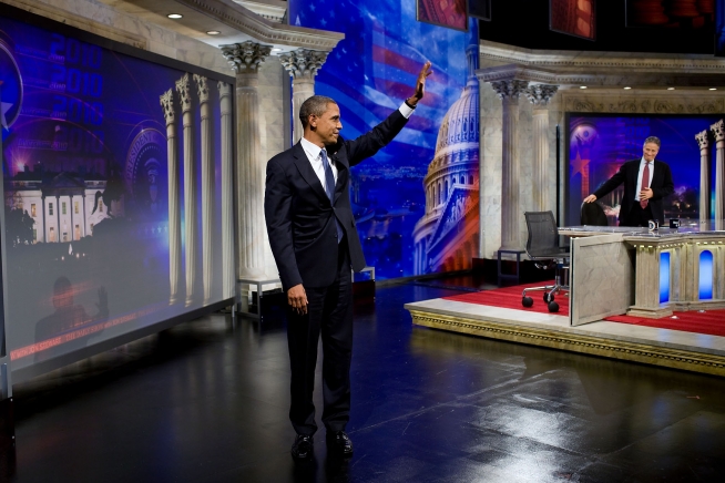 President Barack Obama waves to the audience after taping an interview for the Daily Show with Jon Stewart at the Harman Center for the Arts in Washington, D.C., Oct. 27. 2010.