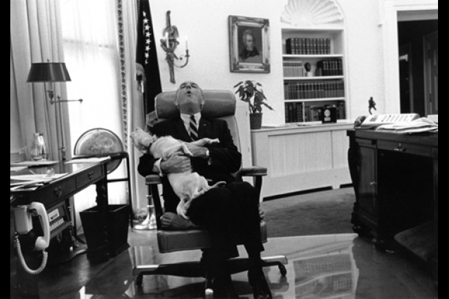 President Lyndon B. Johnson with Yuki in the Oval Office. | The White House