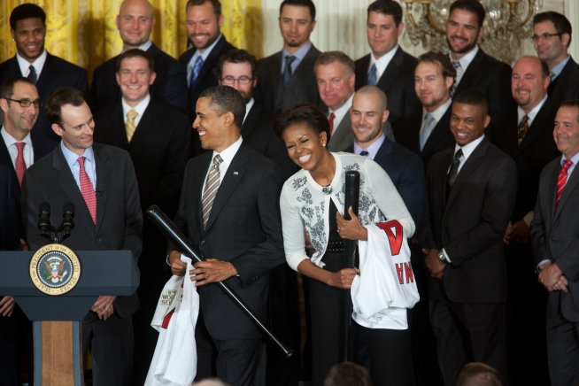 U.S. President Barack Obama gives St. Louis Cardinals Albert