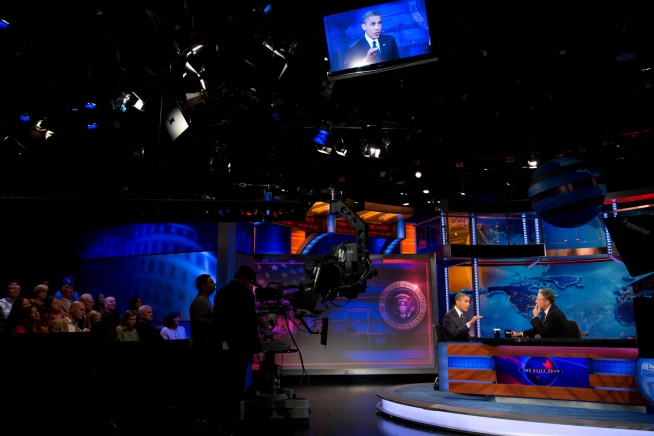 President Barack Obama is interviewed by Jon Stewart during a taping of “The Daily Show with Jon Stewart” at the Comedy Central Studios in New York, N.Y., Oct. 18, 2012. (Official White House Photo by Pete Souza)
