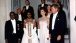 State Dinner for the President Houphouet-Boigny of the Ivory Coast. L-R, President and Madame Houphouet-Boigny, President and Mrs. Kennedy at the Grand Staircase.