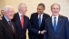 President Barack Obama laughs with former Presidents Jimmy Carter, Bill Clinton, and George W. Bush