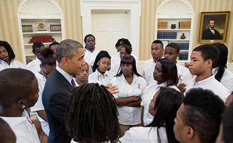 President Barack Obama talks with students from William R. Harper High School in Chicago, Ill., in the Oval Office, June 5, 2013. (Official White House Photo by Pete Souza)