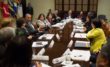 President Barack Obama meets with Asian American and Pacific Islander national leaders in the Roosevelt Room of the White House, May 8, 2013. (Official White House Photo by Pete Souza)