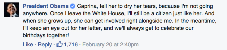 Screenshot of President Obama's Facebook comment