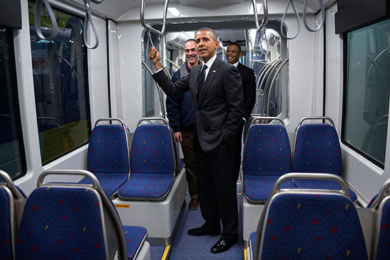 President Obama on a lite rail train