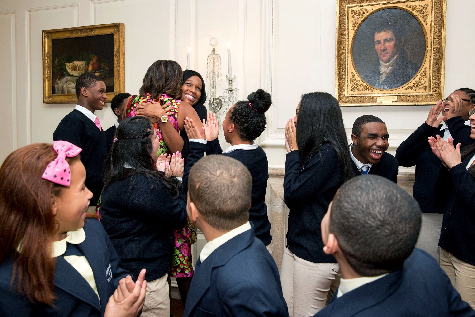 Feb. 24, 2014. Greeting students from Orchard Gardens in Boston, Mass., at the White House. (Official White House Photo by Amanda Lucidon)
