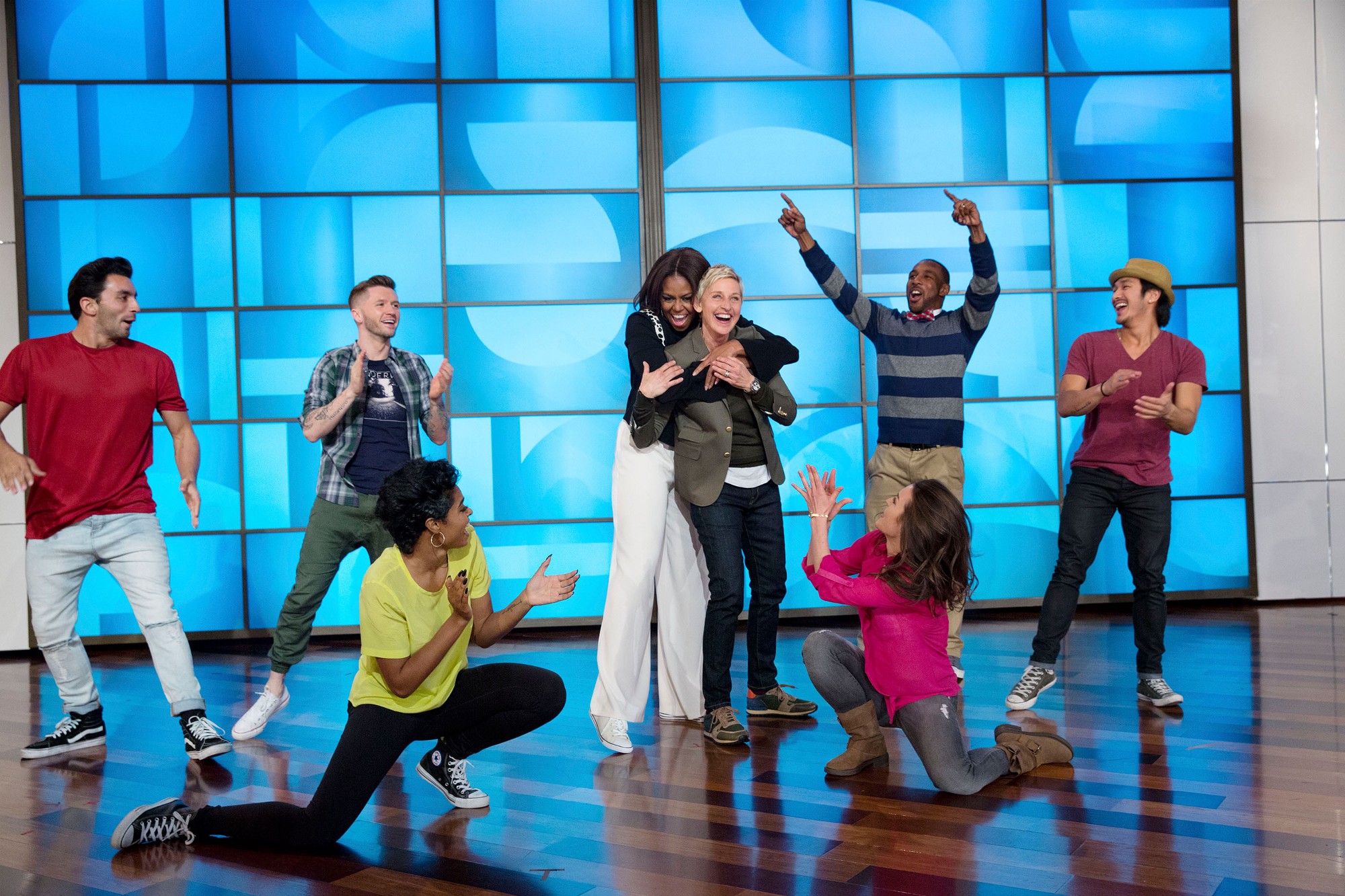 March 12, 2015. With Ellen DeGeneres and SYTYCD dancers during a taping of the Ellen DeGeneres Show in Burbank, Calif. (Official White House Photo by Amanda Lucidon)