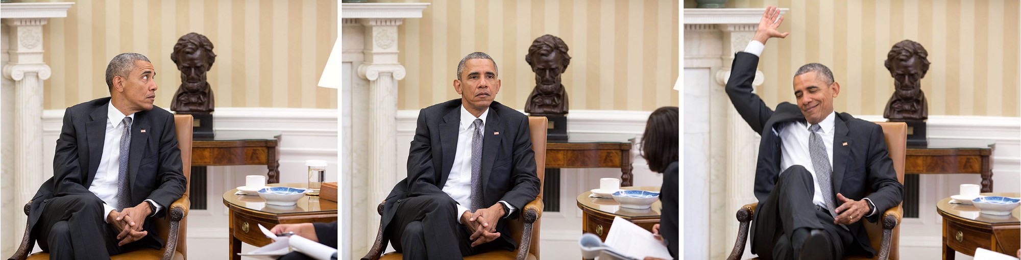 President Obama reacts as he is told of the ACA decision. (Official White House Photo by Pete Souza)