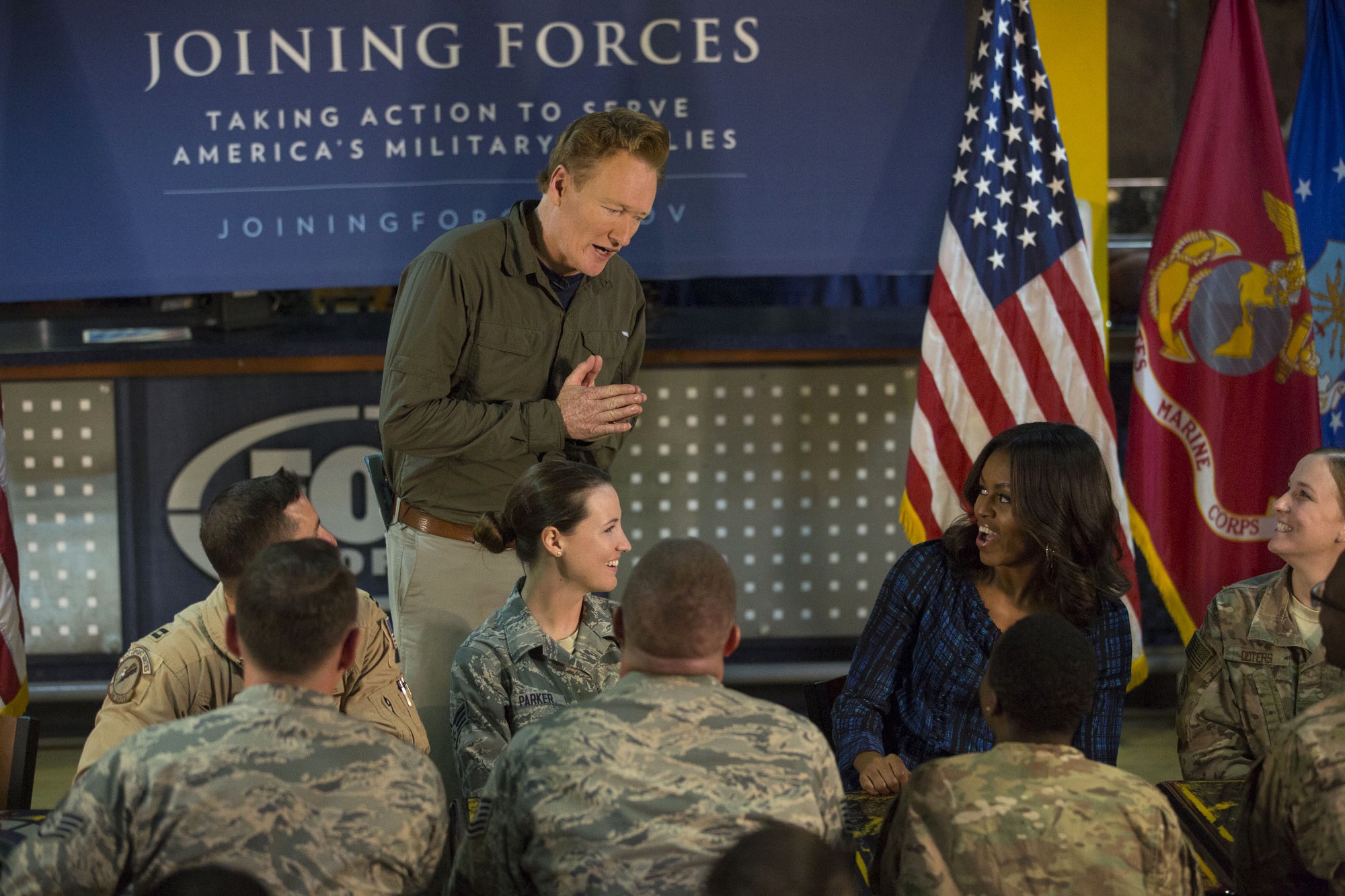 First Lady Michelle Obama and Conan O’Brien participate in a meet and greet with service members, in support of the Joining Forces initiative, at Al Udeid Air Base in Qatar, Nov. 3, 2015. (Official White House Photo by Amanda Lucidon)