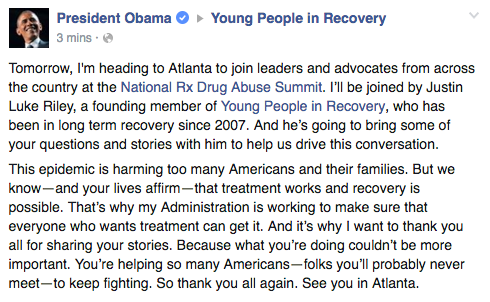 President Obama announces Atlanta trip to Young People in Recovery on Facebook