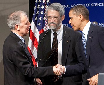 Ralph Cicerone (left) with John Holdren and President Barack Obama.