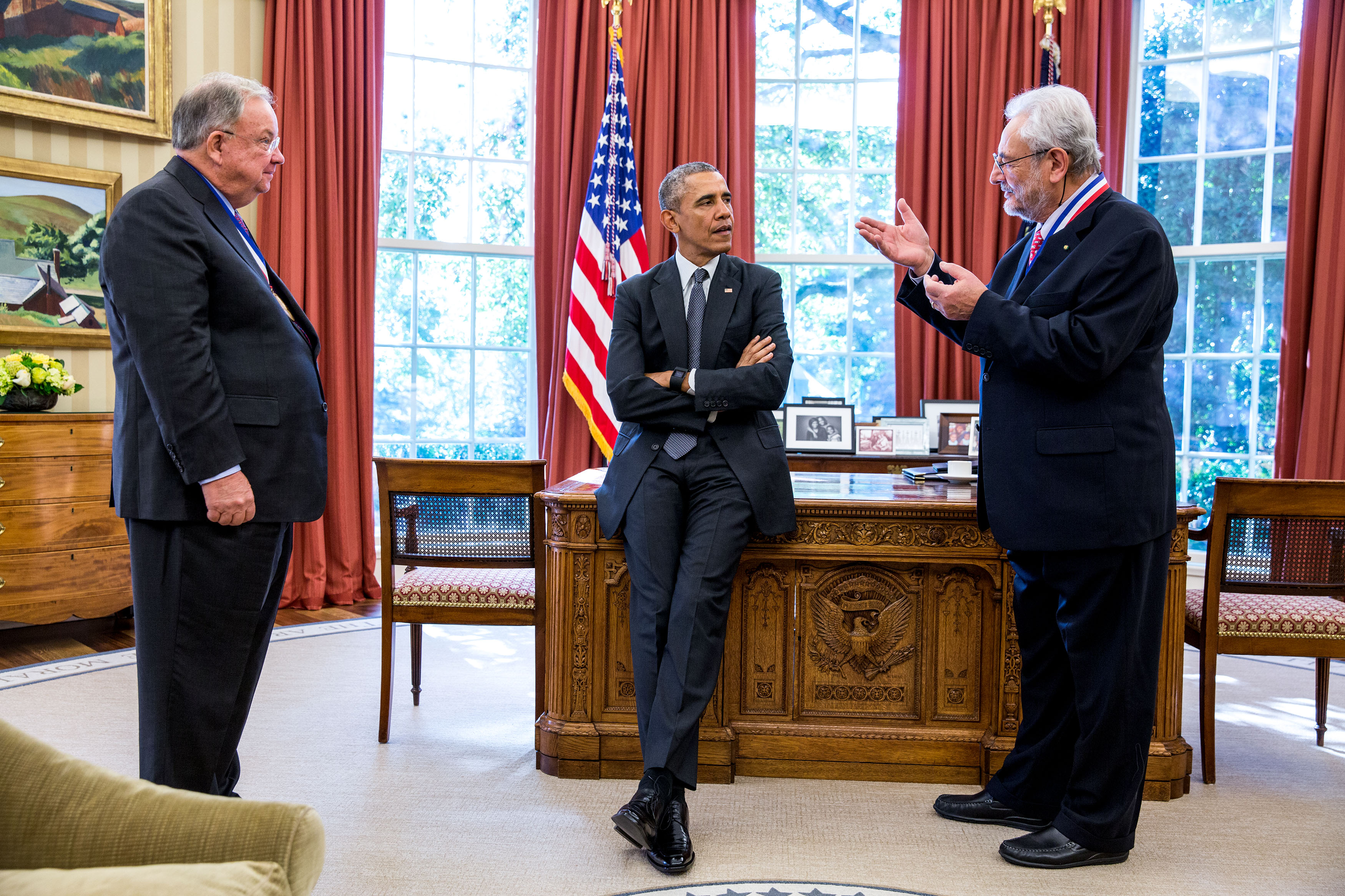 President Barack Obama greets 2014 Enrico Fermi Award recipients Charles Shank, left, and Claudio Pellegrini in the Oval Office, Oct. 20, 2015. (Official White House Photo by Pete Souza)