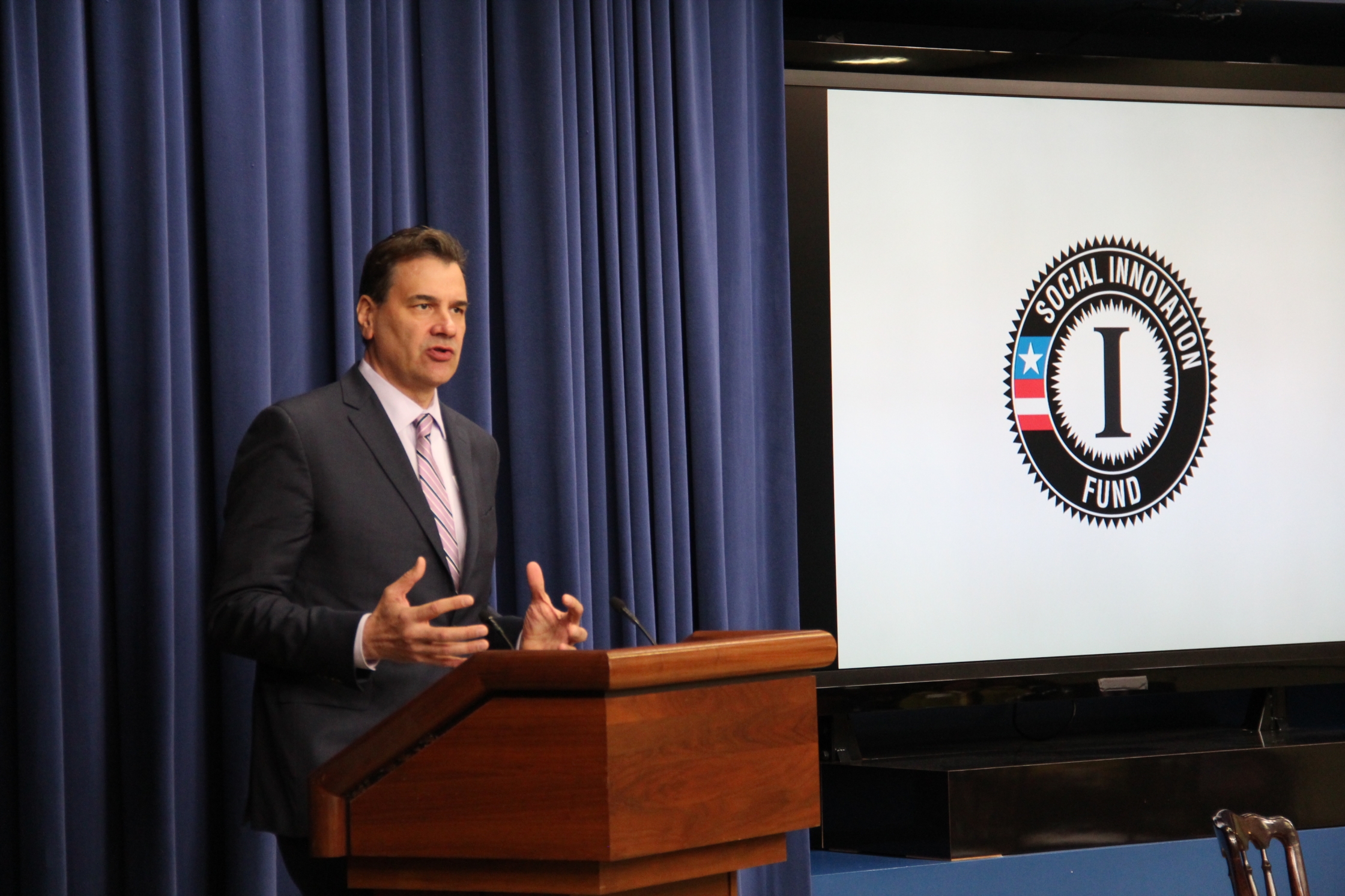 Damian Thorman, Director of the Social Innovation Fund, speaks at the White House on March 18, 2016 on the program's accomplishments