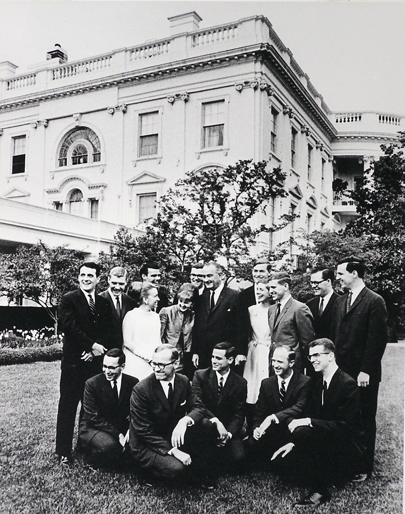 President Lyndon Johnson with the 1967-68 class of White House Fellows next to the White House.