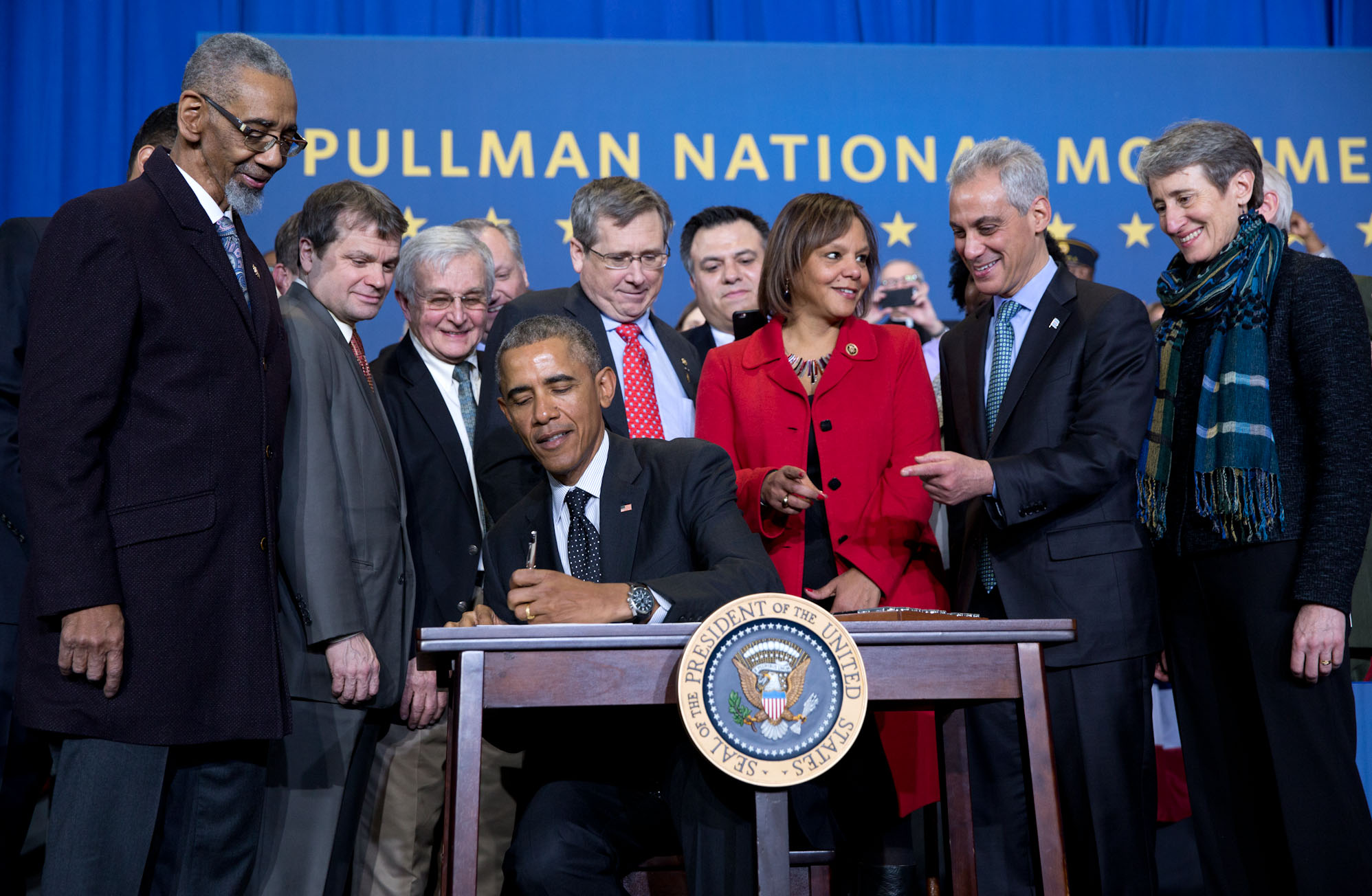 President Barack Obama signs a proclamation regarding the establishment of the Pullman National Monument at the Gwendolyn Brooks College Preparatory Academy in Chicago, Ill., Feb. 19, 2015. (Official White House Photo by Pete Souza)