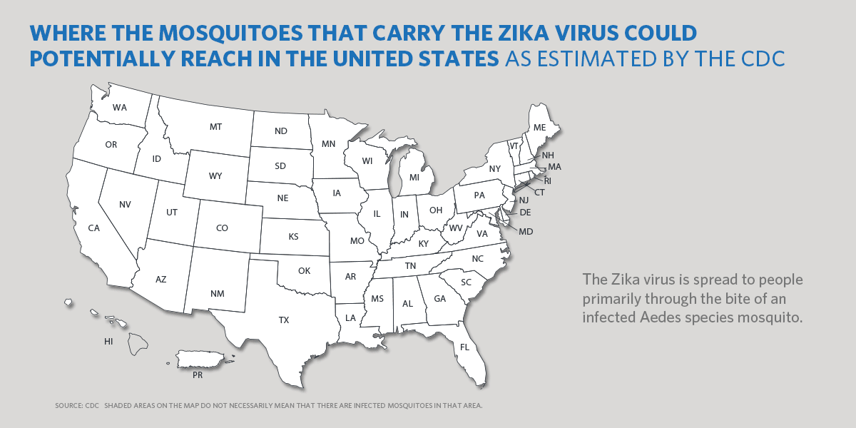 Map of potential reach of mosquitoes that carry the Zika virus