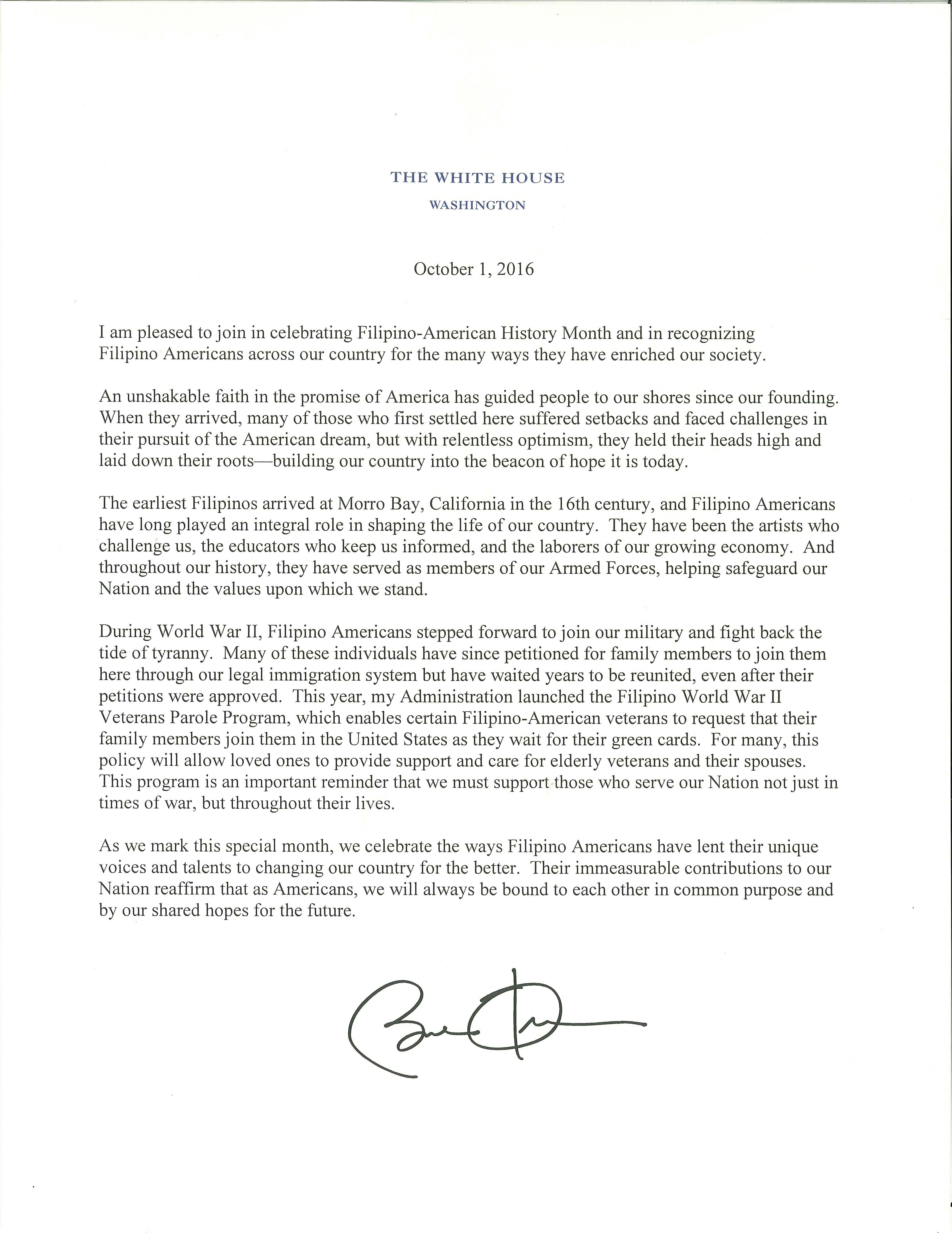 President's Message on Filpino American History Month