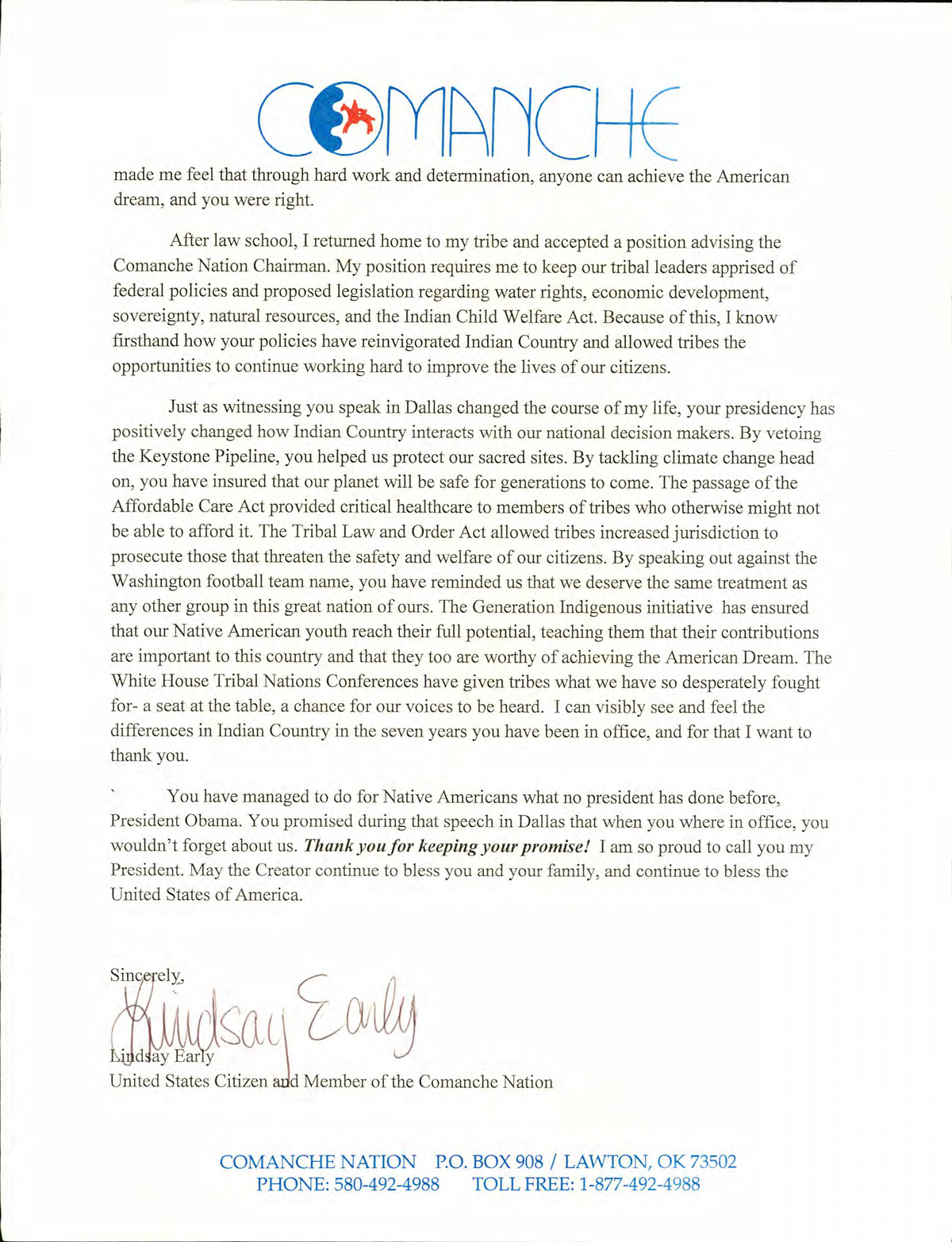 Lindsay's letter to President Obama