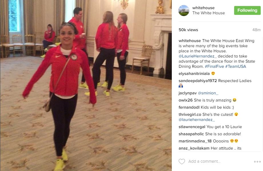 The White House East Wing is where many of the big events take place in the White House. @LaurieHernandez_ decided to take advantage of the dance floor in the State Dining Room. #FinalFive #TeamUSA