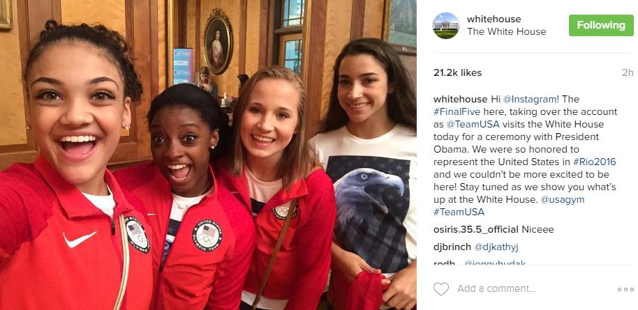 Hi @Instagram! The #FinalFive here, taking over the account as @TeamUSA visits the White House today for a ceremony with President Obama. We were so honored to represent the United States in #Rio2016 and we couldn't be more excited to be here! Stay tuned as we show you what’s up at the White House. @usagym #TeamUSA