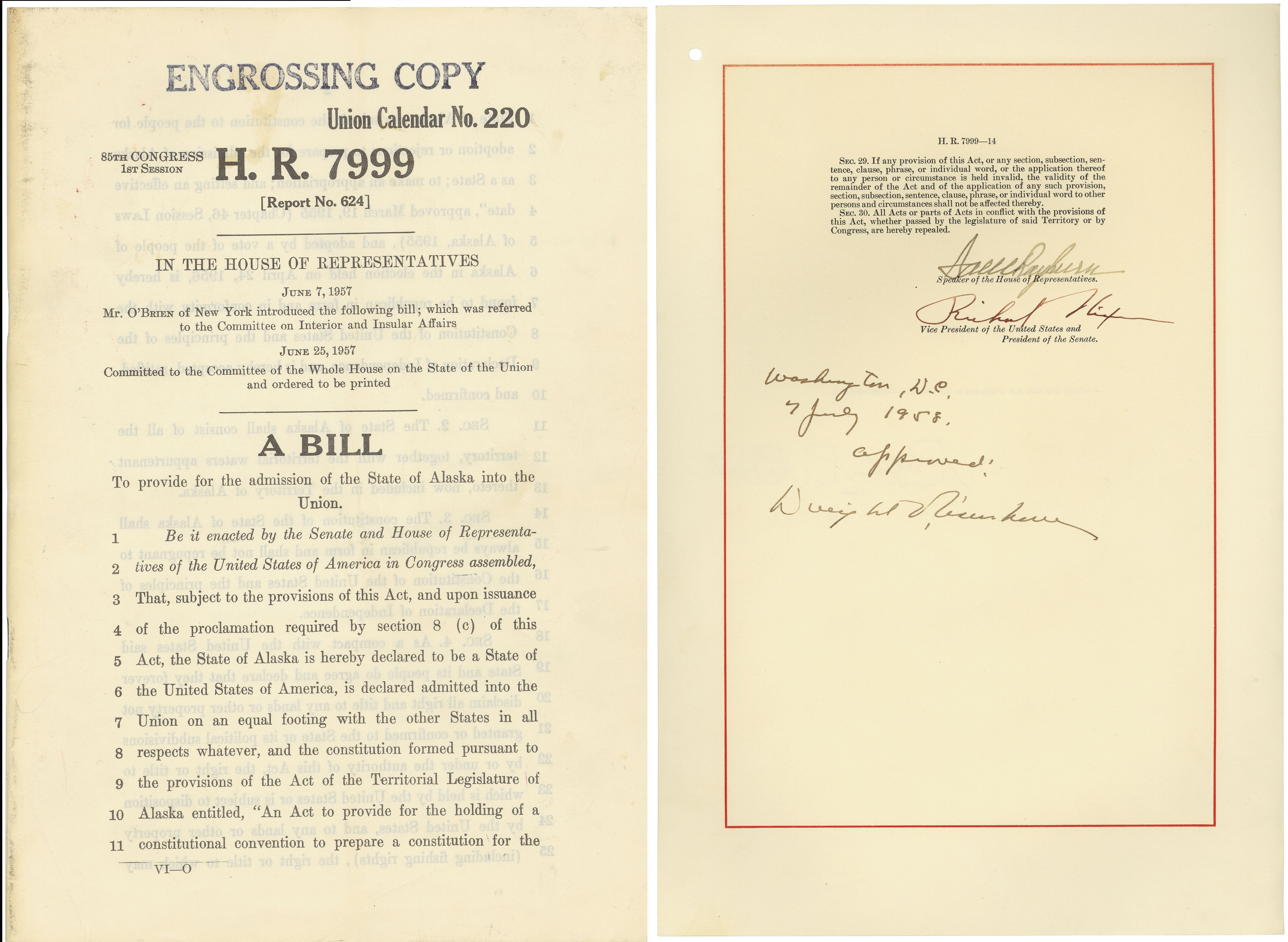 H.R. 7999, A bill to provide for the admission of the state of Alaska into the Union (House engrossed copy), June 22, 1957