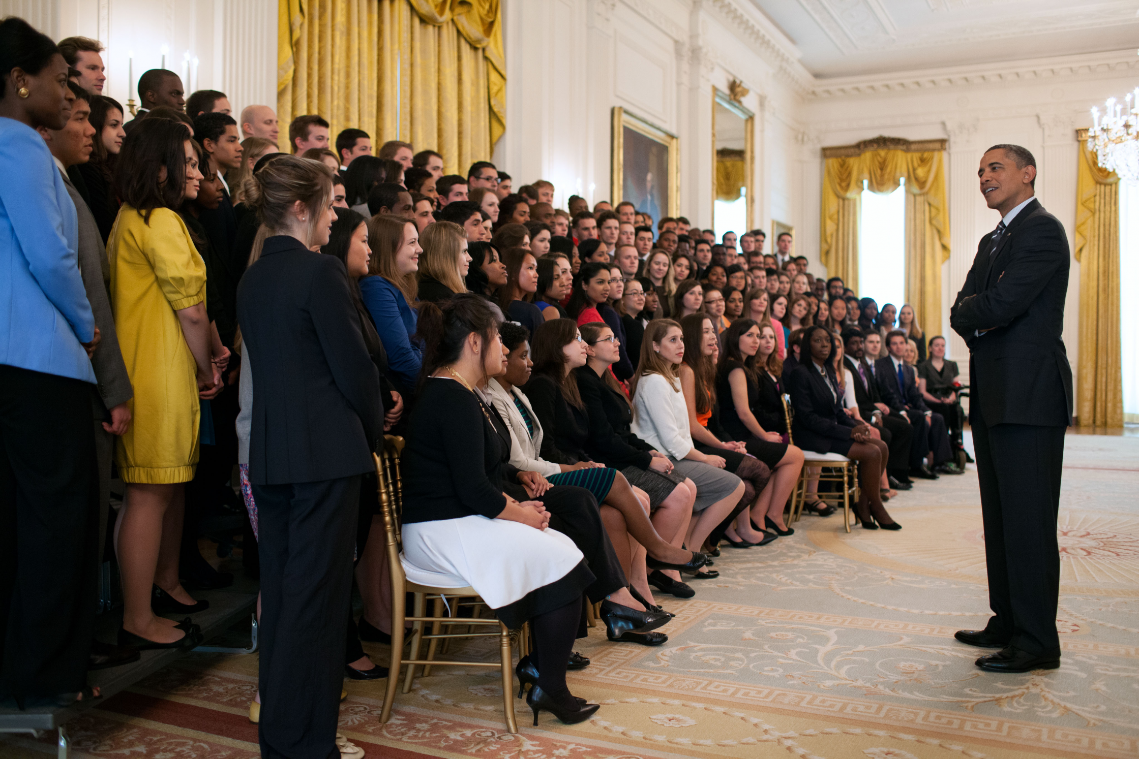 President Barack Obama talks with members of the 2012 Spring White House intern class before a group photo in the East Room of the White House, April 26, 2012. (Official White House Photo by Pete Souza)
