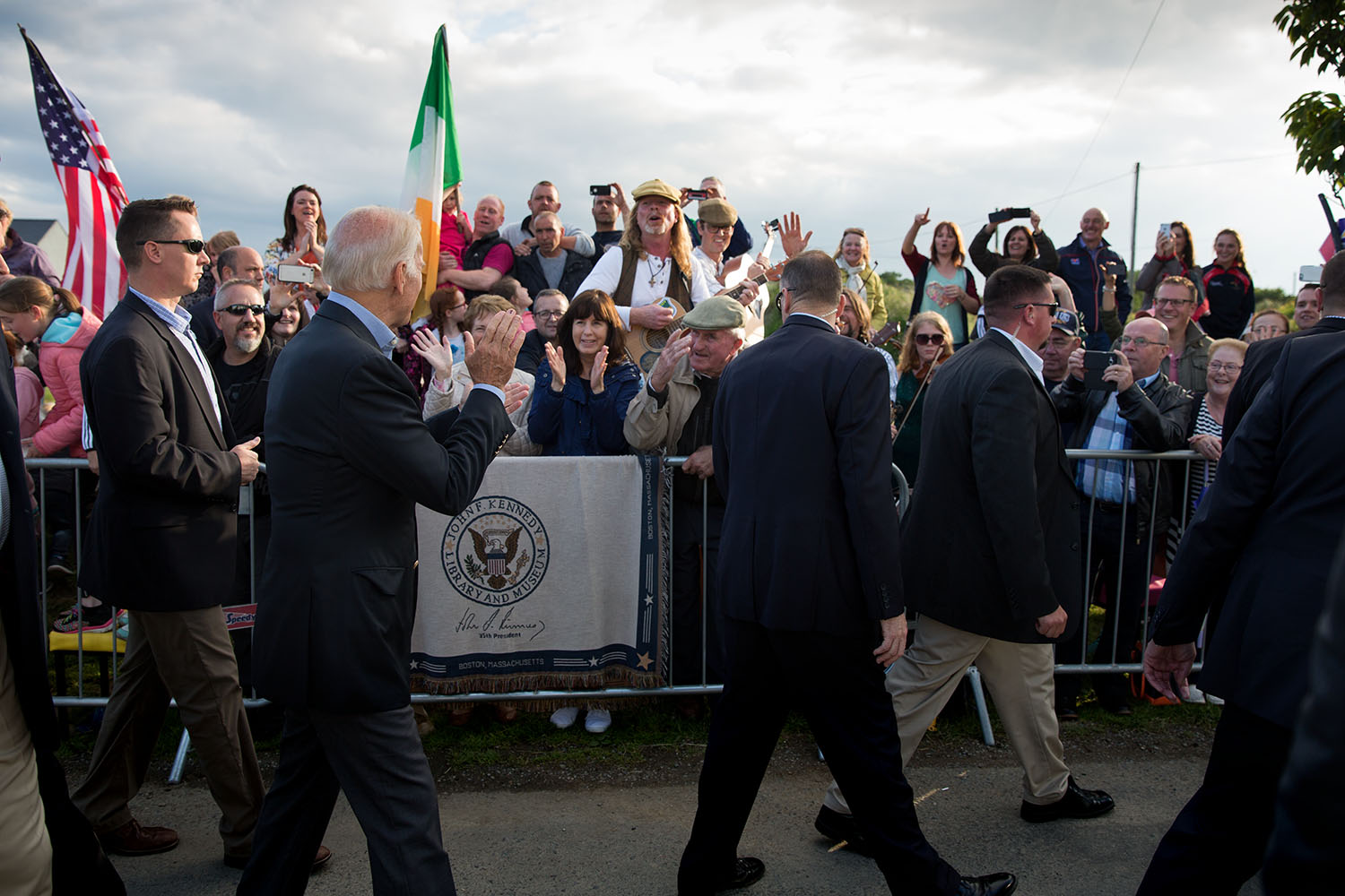 Vice President Joe Biden waves to people lined up to see him outside Lily Finnegan's Pub which was formerly owned by distant relatives of the Vice president, in County Louth, Ireland, June 25, 2016. (Official White House Photo by David Lienemann)