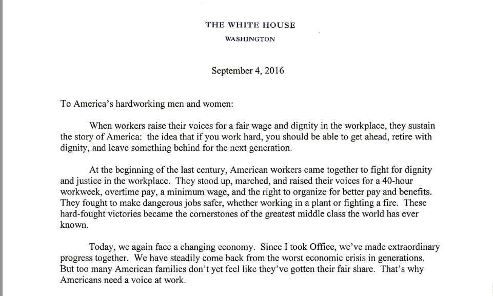 President Obama's letter to workers 