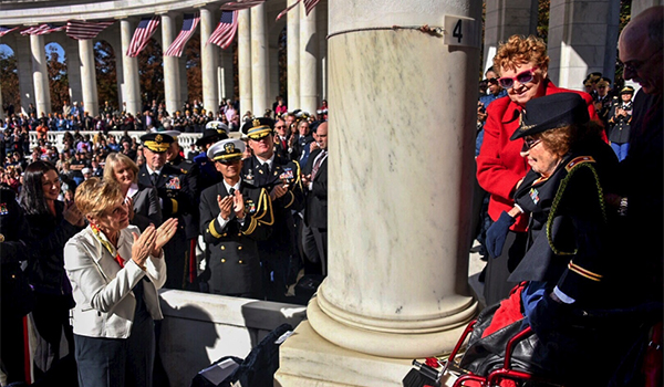 Retired Army Lt. Col. Luta C. McGrath, the oldest known female World War II veteran, receives a standing ovation after President Barack Obama mentioned her during a ceremony at the Tomb of the Unknown Soldier in Arlington National Cemetery in Arlington, Virginia, Nov. 11, 2015. Coast Guard photo by Petty Officer 2nd Class Patrick Kelley - See more at: http://www.dodlive.mil/index.php/2016/03/honoring-the-contributions-of-women-to-the-defense-of-our-nation/#sthash.J5WryqWu.dpuf