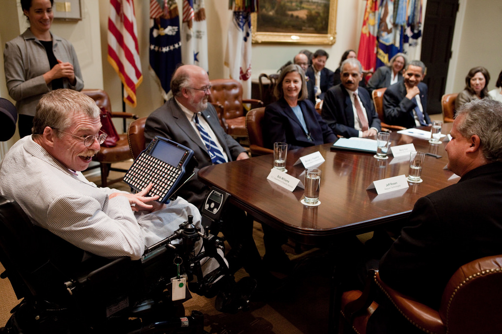 President Barack Obama meets with leaders from the disability community in the Roosevelt Room of the White House on July 24, 2009.