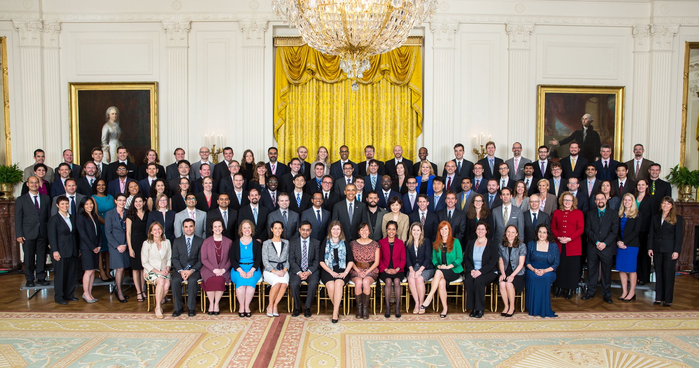 President Barack Obama joins recipients of the 2016 Presidential Early Career Award for Scientists and Engineers (PECASE) for a group photo in the East Room of the White House, May 5, 2016. (Official White House Photo by Lawrence Jackson)