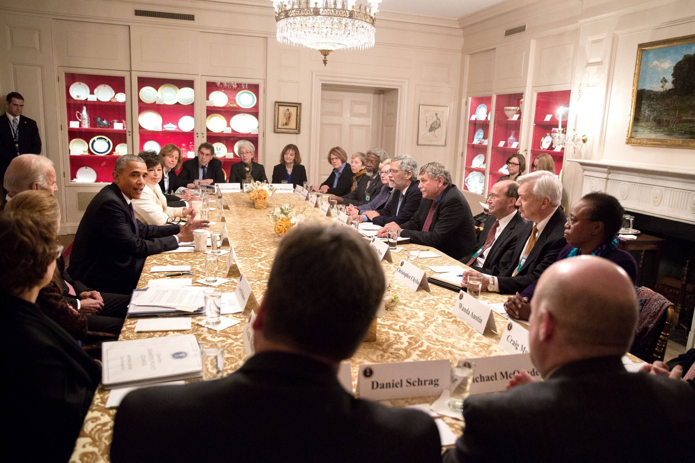 President Barack Obama and Vice President Joe Biden meet with the President's Council of Advisors on Science and Technology (PCAST) in the China Room of the White House, Jan. 5, 2017. (Official White House Photo by Pete Souza)