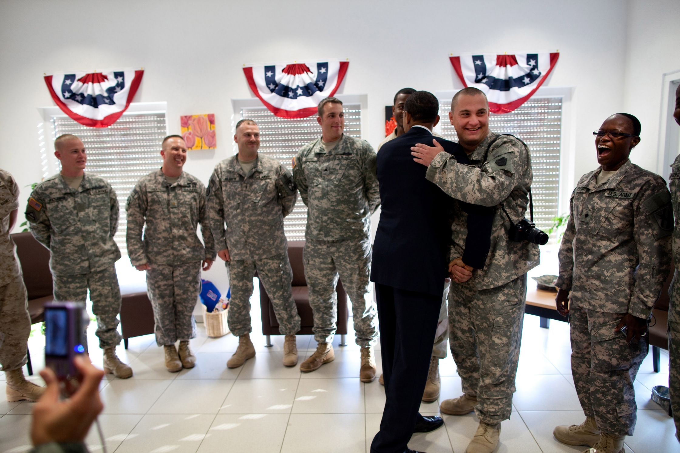 President Barack Obama visits soldiers at the USO at Landstuhl Regional Medical Center in Germany