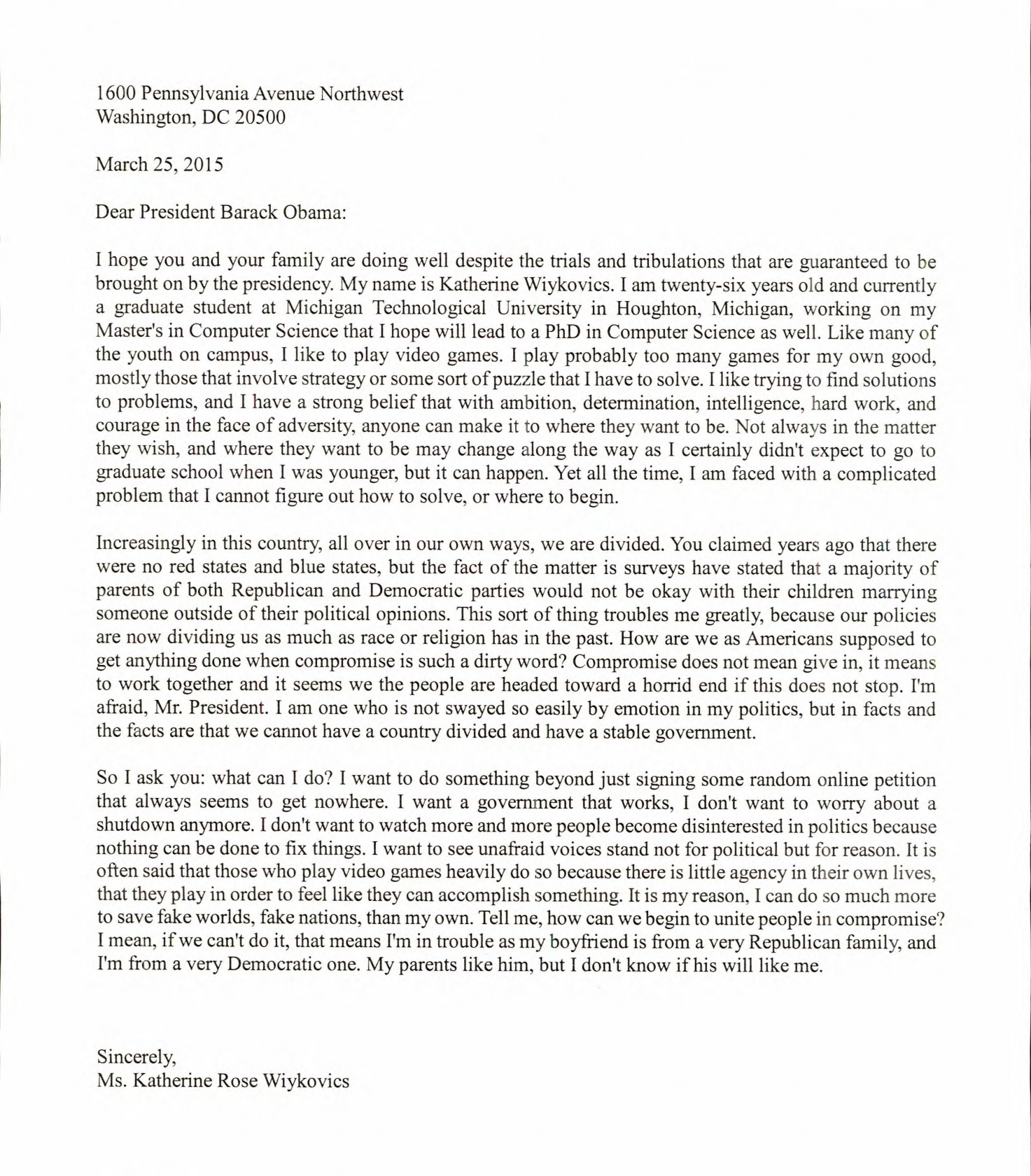 Letter from Katherine Rose Wiykovics