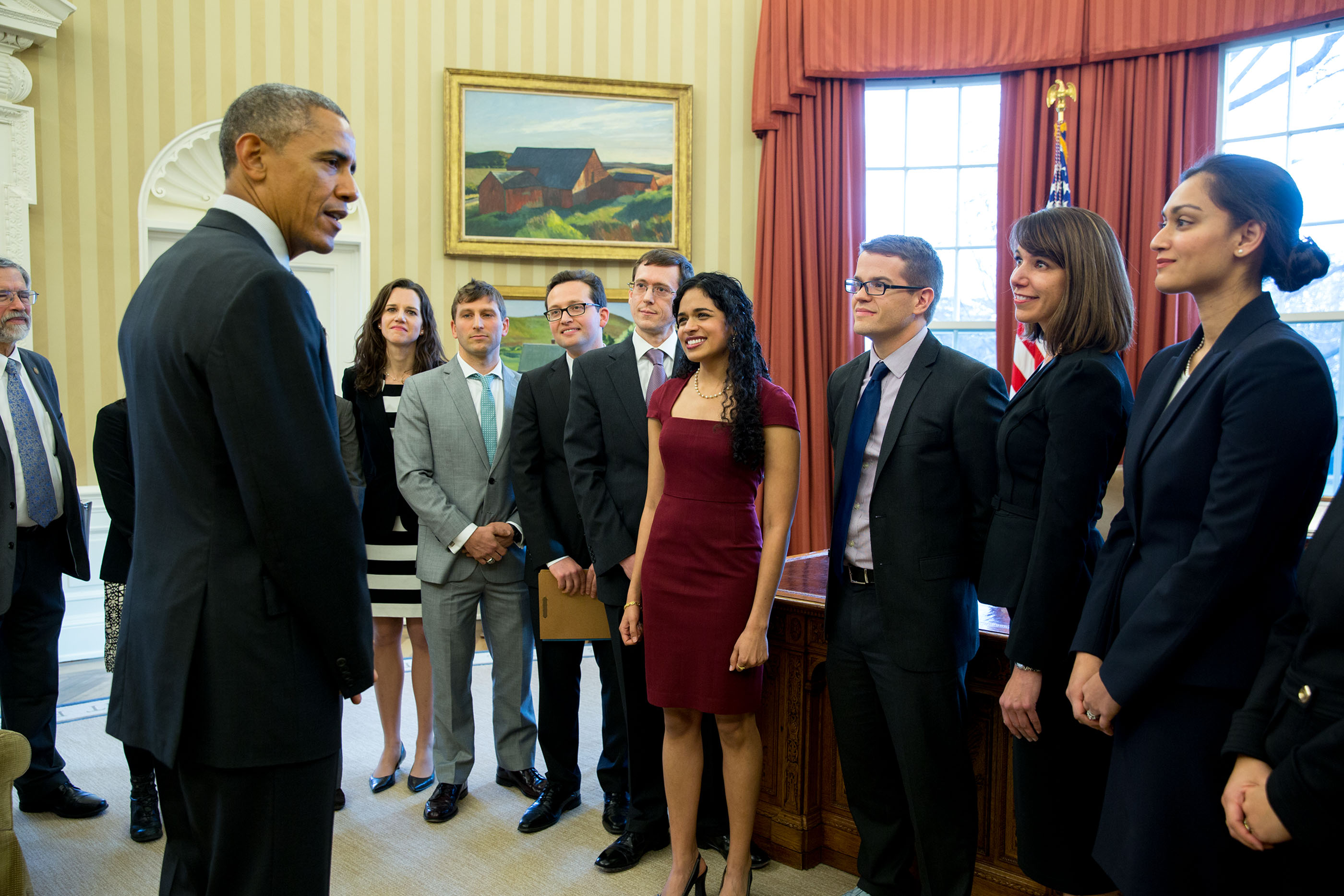 President Barack Obama speaks with members of the Social and Behavioral Sciences Team in the Oval Office in January 2015.