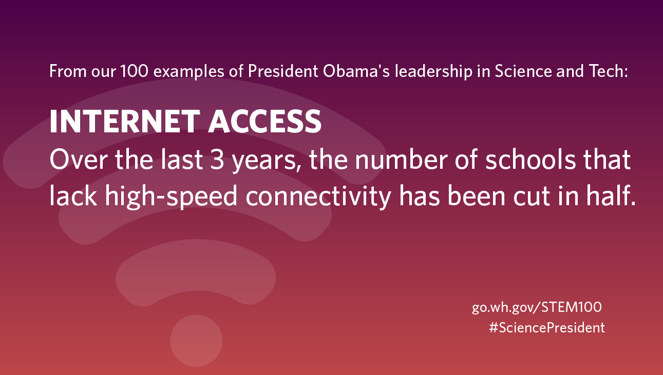 GRAPHIC: From our 100 examples of President Obama's leadership in Science and Tech: Internet Access: Over the last 3 years, the number of schools that lack high-speed connectivity has been cut in half.