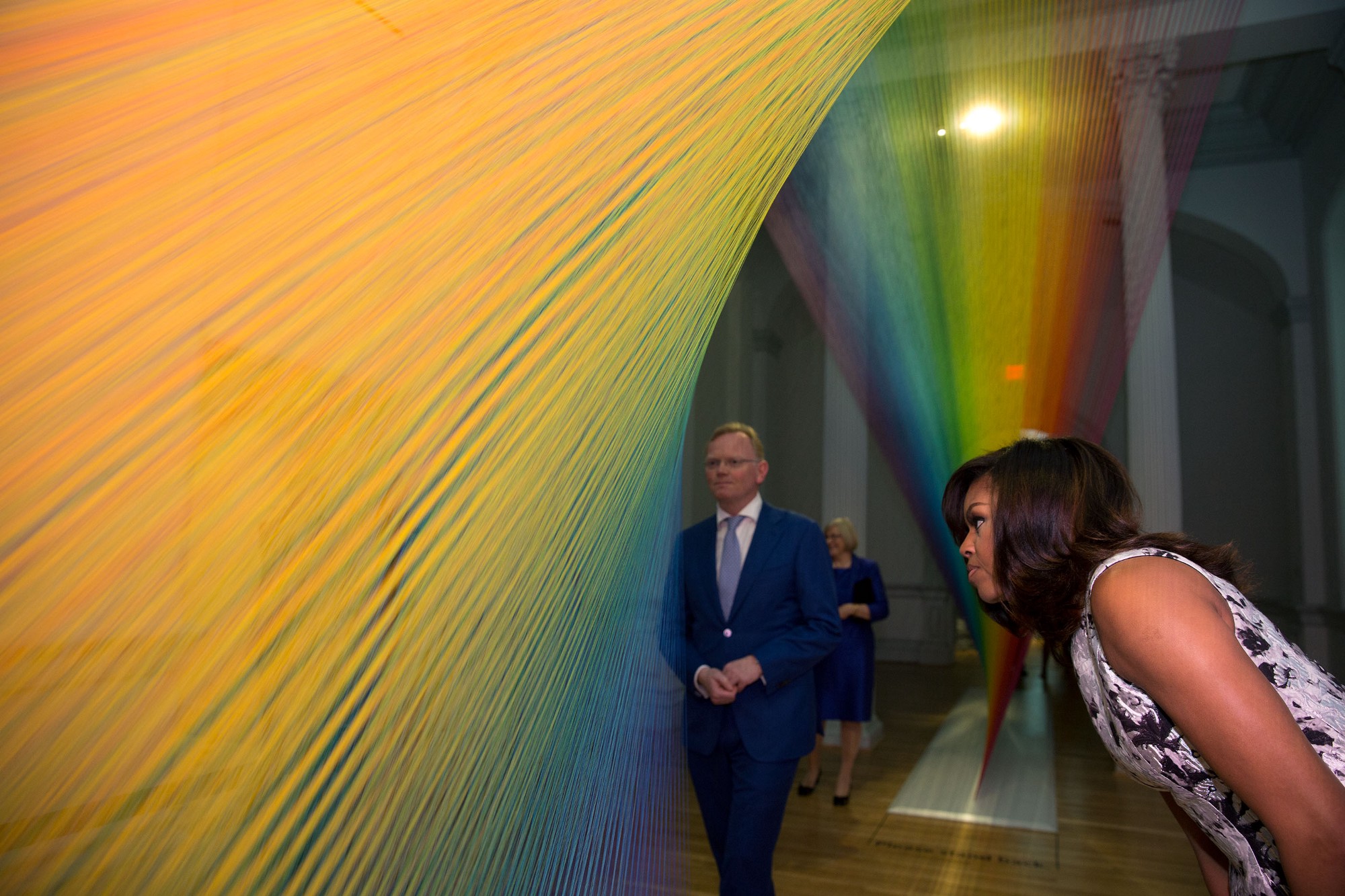 Mrs. Obama and Mr. Sindre Finnes of Norway look at an exhibit during a tour of the Renwick Gallery with Nordic leaders’ spouses. (Official White House Photo by Amanda Lucidon)